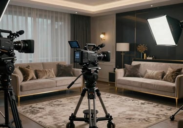 A wide-shot of a high-end interview setup in a modern Romanian penthouse, professional cinema camera on a dolly, elegant gold-trimmed furniture, dark and moody professional lighting.