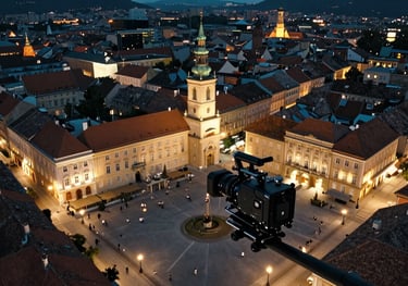 A cinematic aerial view of Cluj-Napoca's central square at night, historic architecture illuminated with pale gold lights, captured from a professional cinema drone perspective.