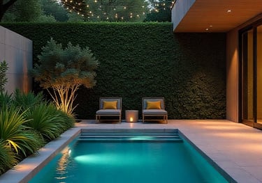 A modern backyard pool at night with soft ambient lighting, minimal loungers, and lush greenery agai