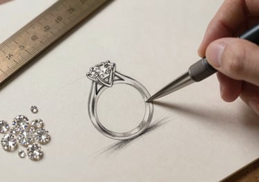A top-down photographic view of a jewelry design workspace. A hand-drawn sketch of an intricate engagement ring rests on soft off-white paper, accompanied by a muted bronze measuring tool and a small pile of loose, shimmering diamonds.
