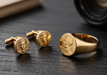 A sophisticated display of bespoke men's jewelry, including handcrafted gold cufflinks and a refined signet ring, on a dark charcoal wooden surface.