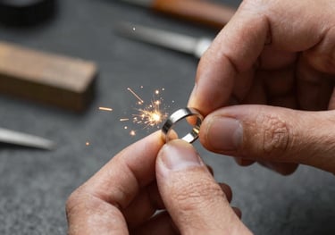 A macro photograph of a master artisan's hands meticulously polishing a finished platinum ring. Tiny sparks reflect the warm lighting against a blurred charcoal workshop background.