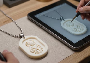 A professional photograph of a jeweler's workbench showing a detailed 3D wax mold of a custom necklace pendant sitting next to a high-resolution digital rendering on a tablet screen.
