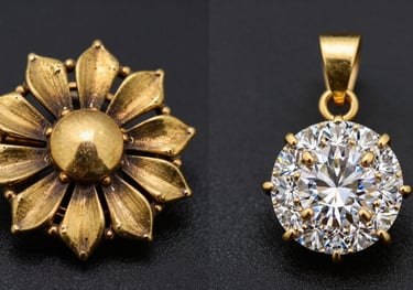 A side-by-side photograph showing a vintage, tarnished gold brooch next to a newly redesigned, modern diamond pendant created from the same gold.
