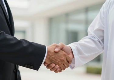 A high-quality close-up of two people in formal Gulf attire shaking hands in a bright, modern setting, symbolizing a successful and honest partnership.
