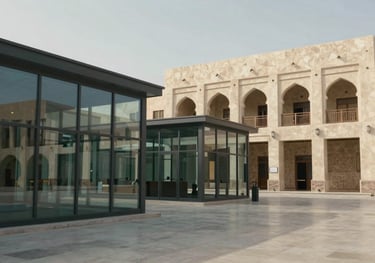 A serene photograph of a Middle Eastern / Gulf marketplace with clean lines and modern architecture, showing transparency through clear glass and open spaces.