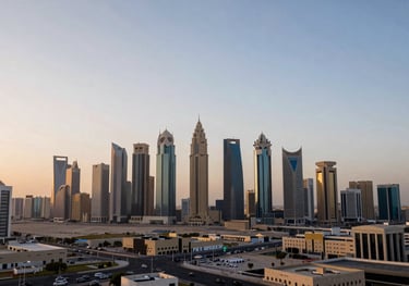 A wide shot of a modern city in the Gulf region during sunrise, symbolizing growth, stability, and a new era of trust in the local market.