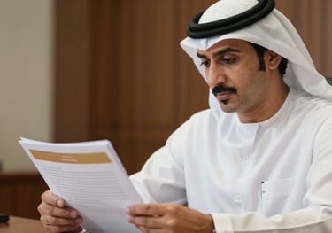 A close-up photograph of a professional Middle Eastern / Gulf businessman in a crisp white thawb, reviewing a document with gold tan accents in a high-end office, symbolizing corporate stability.