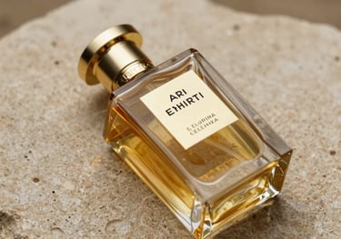 An artistic close-up of a premium perfume bottle on a textured stone surface with gold tan elements, reflecting Emirati luxury and sophisticated elegance.