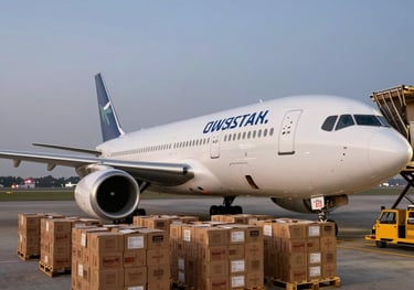 A wide-angle professional photograph of a cargo aircraft being loaded with pallets of branded export cartons at dusk. The setting is a Pakistani international airport, emphasizing efficient global logistics.