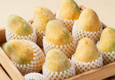 A wooden export crate packed with pale yellow Chaunsa mangoes, each individually wrapped in protective white netting. The composition is clean and organized, set against a sophisticated cream-colored background.