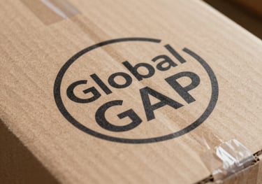 A macro shot of a Global GAP certification logo printed clearly on a high-quality cardboard export box. The lighting is crisp, highlighting the professional standards of the packaging material.