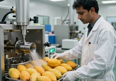 A clean, modern South Asian export facility. A technician in professional attire and gloves is inspecting a tray of yellow mangoes near a high-tech Hot Water Treatment station. The lighting is bright and industrial.