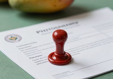 A close-up shot of an official phytosanitary certificate with a wax seal, resting on a clean slate green surface. A fresh mango is visible in the soft-focus background, suggesting a blend of tradition and modern administration.