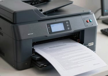 A modern high-speed office printer in a bright workspace, producing crisp color prints of documents, South American / Brazilian professional setting.