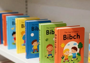 Vibrant and colorful children's Bibles and Christian storybooks arranged on a low white shelf, inviting and educational atmosphere for kids.