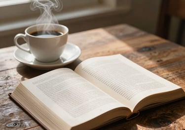 An open devotional book on a rustic wooden table next to a steaming cup of coffee, soft morning light filtering through a window, peaceful scene.