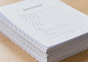 Close-up of neatly bound school reports and documents on a light wooden desk, clean and professional presentation, soft natural lighting.