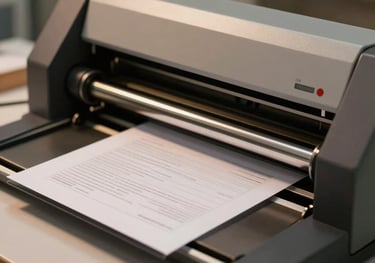 Close-up of professional laminating machine and perfectly sealed documents on a clean counter, showing precision and care, warm indoor lighting.