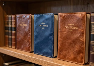 Elegant display of premium leather-bound Bibles in shades of brown, blue, and tan on polished wooden shelves, warm lighting, sophisticated bookstore aesthetic.