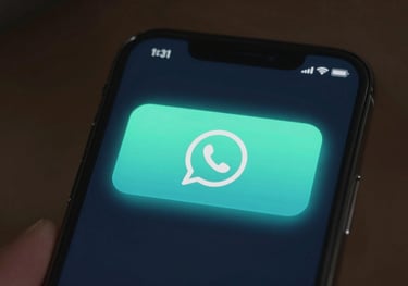 Close-up of a high-end smartphone display with a WhatsApp notification, vibrant ciano glow.