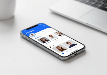 Clean minimalist office desk with a smartphone showing an Instagram profile, featuring #00CED1 highlights.