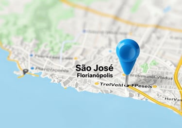 Professional high-resolution map view of São José and Florianópolis with a ciano pin.