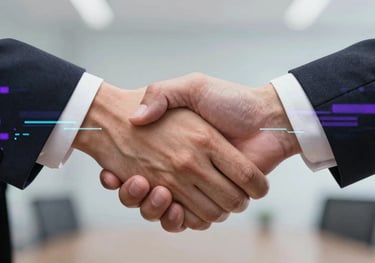 A close-up of a professional handshake with digital data overlays in purple and ciano.