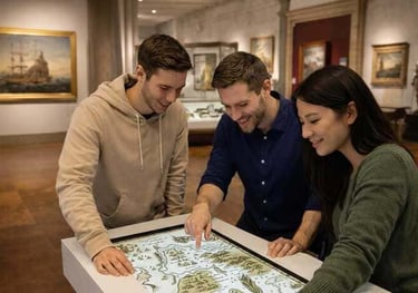 Clase de inglés en modalidad híbrida, alumnos en práctica presencial en un museo.