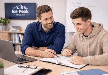 Profesor de inglés brindando retroalimentación personalizada a un alumno.