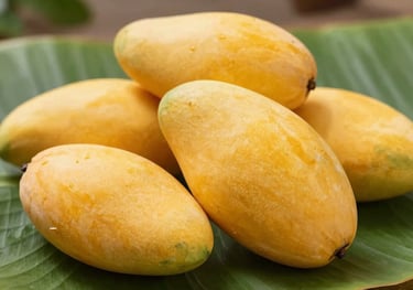 Golden-yellow Nam Dok Mai mangoes arranged on a green banana leaf, fresh and vibrant, professional product shot for export quality.