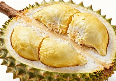 Whole and sliced Monthong durian showing rich golden pulp, professional food export quality, clean studio lighting, emphasizing freshness.
