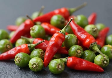 A vibrant pile of fresh bright red and green Thai bird's eye chilies, glossy skins, crisp focus, professional studio food photography with #4A6C5B color harmony.