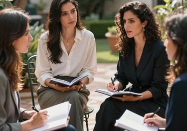 A group of elegant women sitting on a sunlit garden terrace, engaged in a deep conversation with notebooks open. Iberoamerican / Spanish setting, refined and supportive atmosphere.