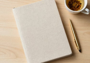 A flat lay photography of a minimalist linen-bound journal on a light wooden table next to a gold pen and a cup of herbal tea. Soft, clean, and elegant composition.