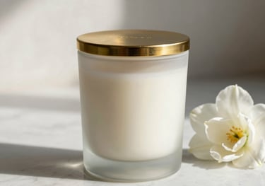 A luxury scented candle in a frosted glass jar with a gold lid, sitting on a marble surface next to a white flower. Soft morning light, Iberoamerican / Spanish interior.
