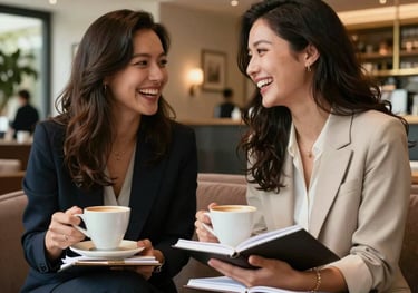 Two professional women laughing and sharing ideas over coffee and notebooks in a bright, high-end boutique hotel lobby. Warm lighting, elegant attire.