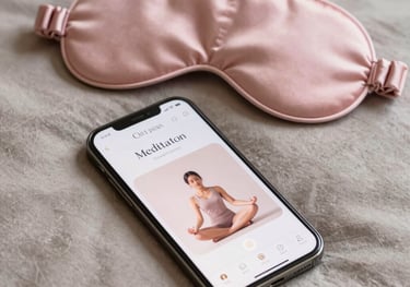 Close-up photography of a smartphone displaying an elegant digital meditation app next to a silk eye mask on a soft bed. Luxury setting, Iberoamerican / Spanish style, soft pink and taupe colors.