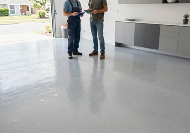 Garage floor epoxy consultation with homeowner in residential garage