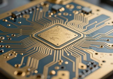 Detailed view of an HDI circuit board with gold plating, intricate microvia patterns, muted slate blue highlights, high-tech manufacturing environment.