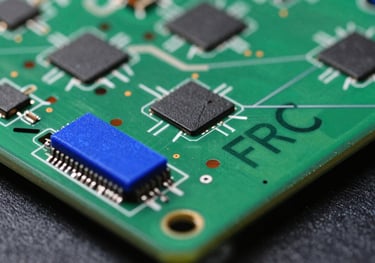 Macro shot of a green FR4 PCB board, clear fiberglass texture, vibrant royal blue accents, professional studio lighting, tech-focused composition.