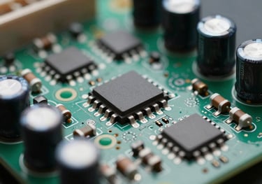 Macro photography of a finished PCBA with diverse components (capacitors, resistors, ICs), clean solder joints, cool pearl white lighting.