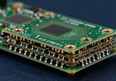 Close-up of a high-density multilayer PCB, visible cross-section layers, copper vias, deep midnight navy background, industrial precision style.