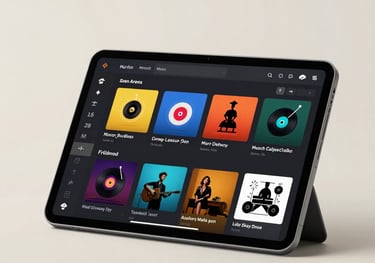 A minimalist photography composition of a tablet displaying a colorful music distribution dashboard, with soft off-white lighting and a professional studio feel.