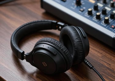 A high-resolution photograph of professional studio headphones resting on a dark wooden table next to a digital audio controller with slate blue accents.