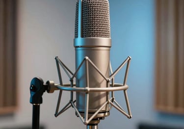 A close-up photograph of a professional studio microphone on a stand, with soft sky blue lighting reflecting off the metallic surface, located in a contemporary South Asian music studio.