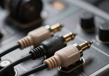 A macro photograph of professional audio cables plugged into a studio interface, with shallow depth of field and a modern South Asian tech aesthetic.