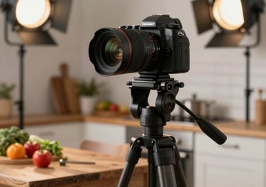 A professional camera on a tripod positioned in front of a rustic kitchen set for a social media photoshoot, with studio lights and fresh ingredients.
