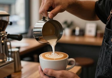 A close-up of a warm, inviting cafe interior with a barista pouring latte art, shot in a North American / European city with a focus on high-end textures.