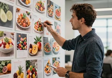A professional digital marketing strategist working on a moodboard with food magazine cutouts and vibrant ingredient photos in a bright, modern agency space.